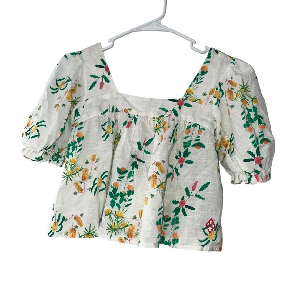 The animals observatory girls white floral Puff Sleeve crop Top linen blend 12